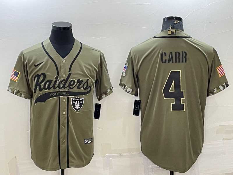 Mens Las Vegas Raiders #4 Derek Carr 2022 Olive Salute to Service Cool Base Stitched Baseball Jersey